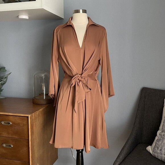 Strut & Bolt Candace Kimono Mini Dress Brown Front Tie - Picture 1 of 6